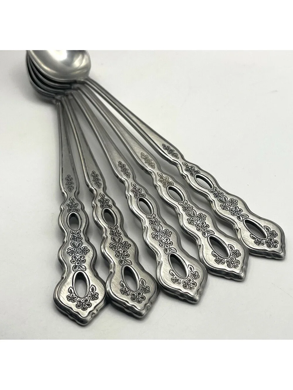 5- Oneida Community FANTASY Burnished Stainless Pierced Iced Tea spoon ~ 7 5/8”